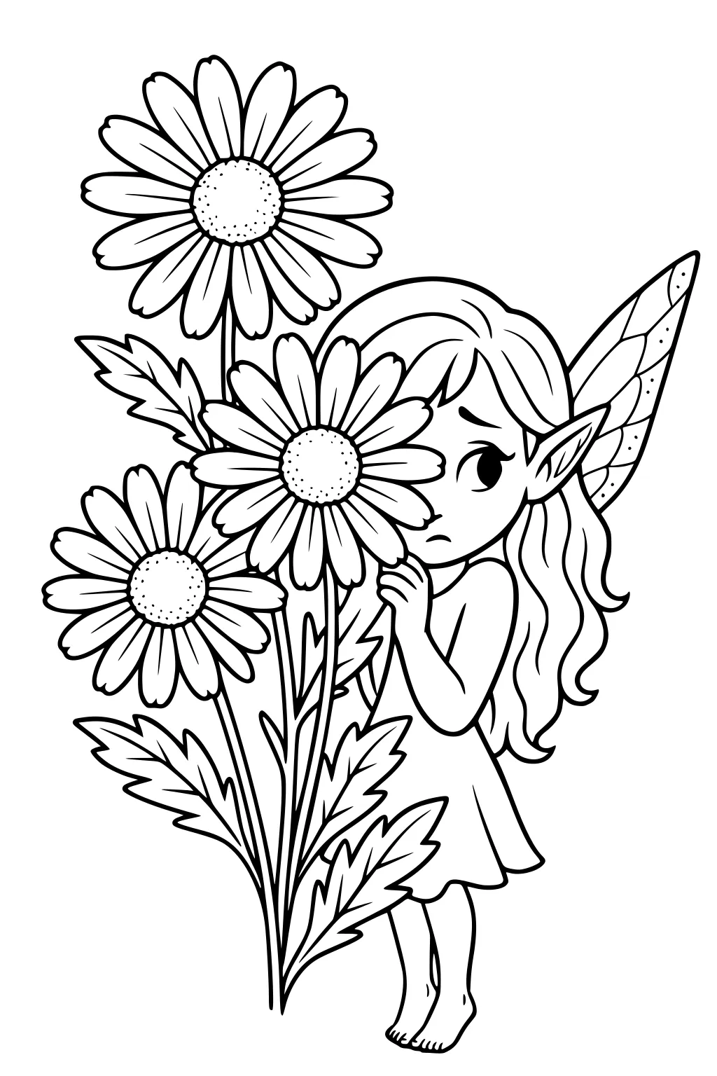 Barefoot fairy girl with long hair hides behind tall daisy flowers, wings folded, holding a stem, line art.