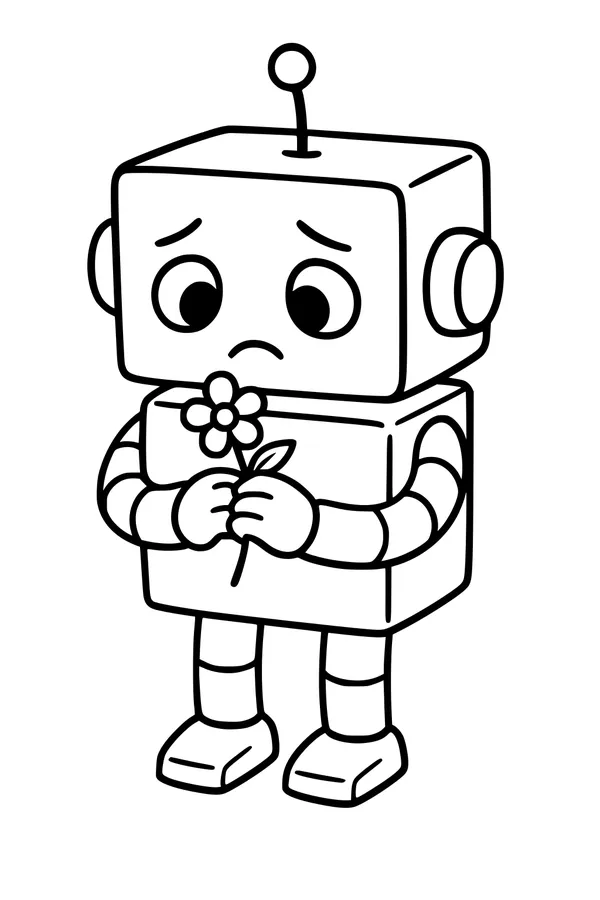 Free Robot Coloring Page - Cute Android Holding a Flower (Printable PDF)