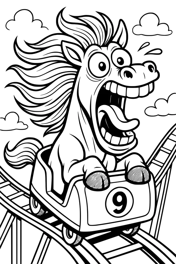 Free Horse Coloring Page - Wacky Cartoon Horse on Roller Coaster (Printable PDF)