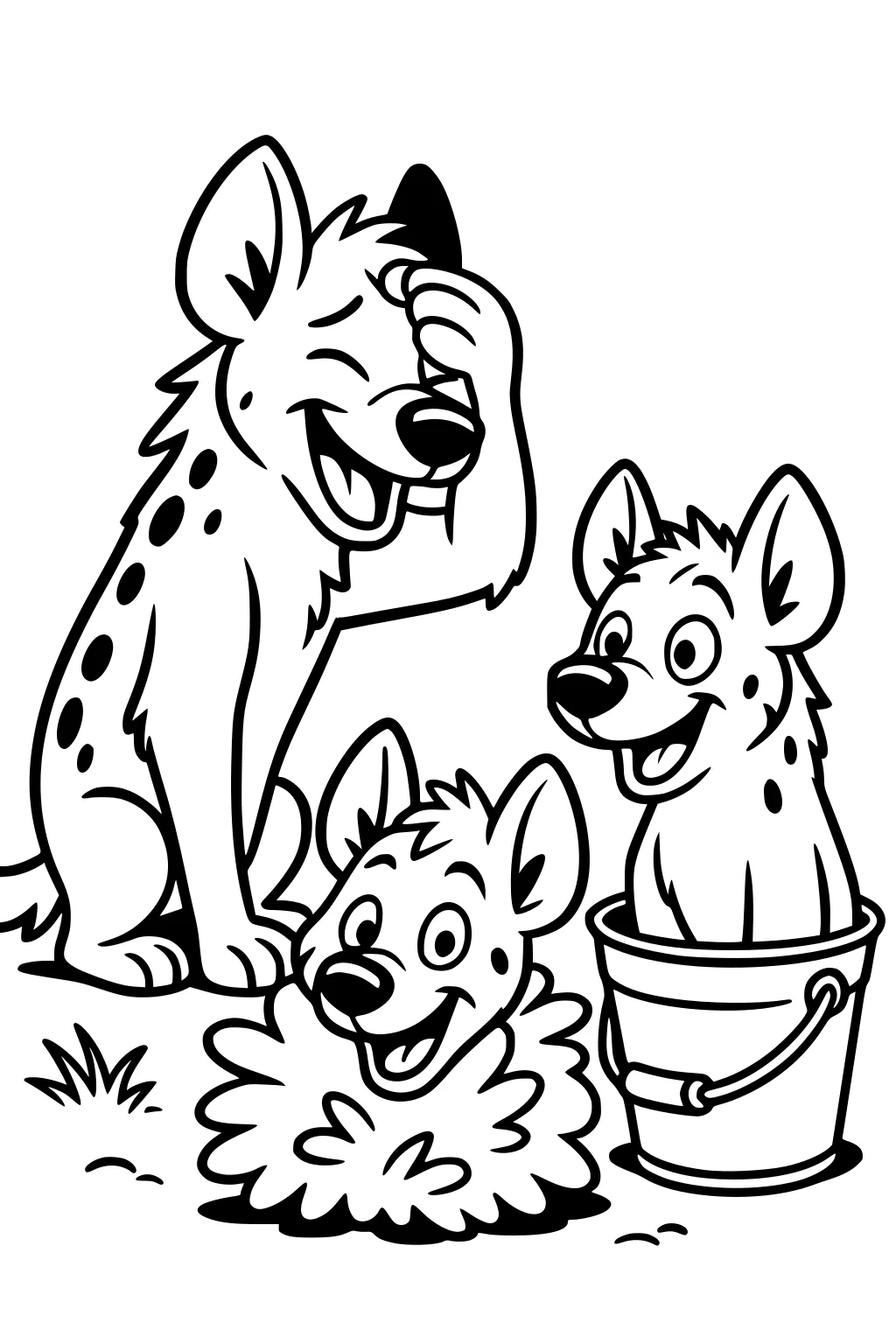 Three cartoon hyenas playing: one laughs with paw on face, one peeks from a bush, and one sits in a bucket.