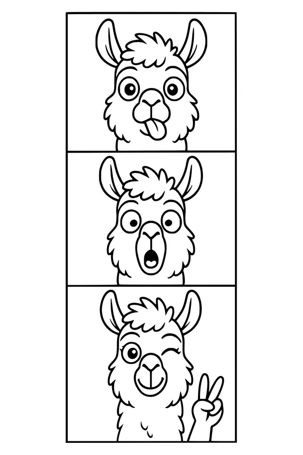 Free Llama Coloring Page - Silly Photo Booth Faces (Printable PDF)
