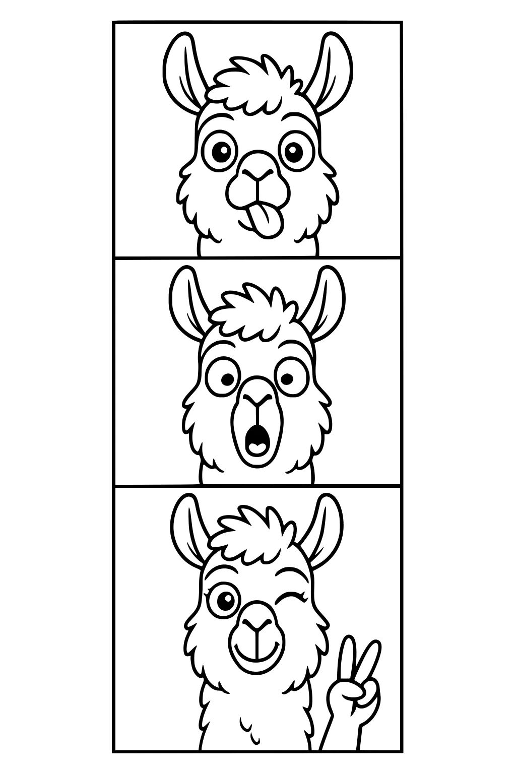 Cartoon llama in three stacked boxes with silly faces: tongue out, surprised, and winking with peace sign.