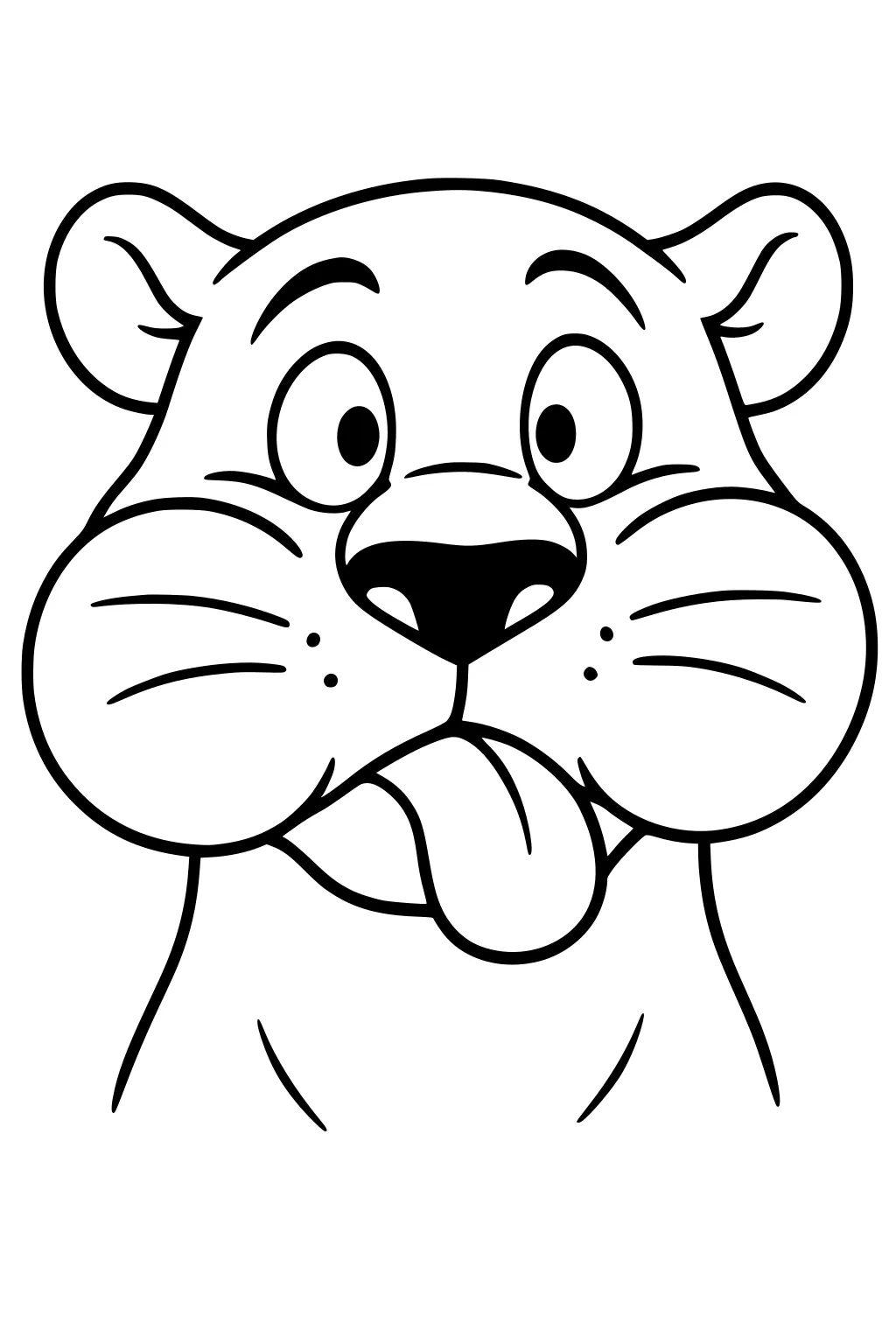 Cartoon panther boy with round cheeks and tongue out in a silly face, wide eyes and perked ears.