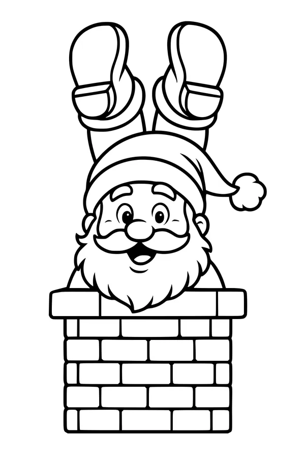 Free Santa Claus Coloring Page - Winking Upside Down in Chimney (Printable PDF)