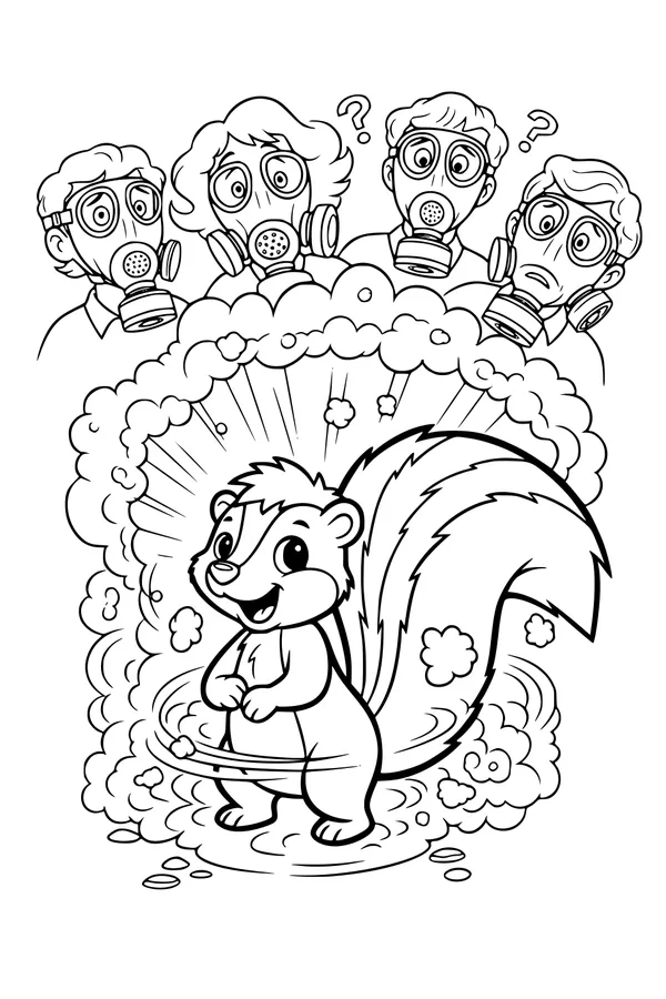 Free Skunk Coloring Page - Funny Cartoon Skunk Spraying Adults (Printable PDF)