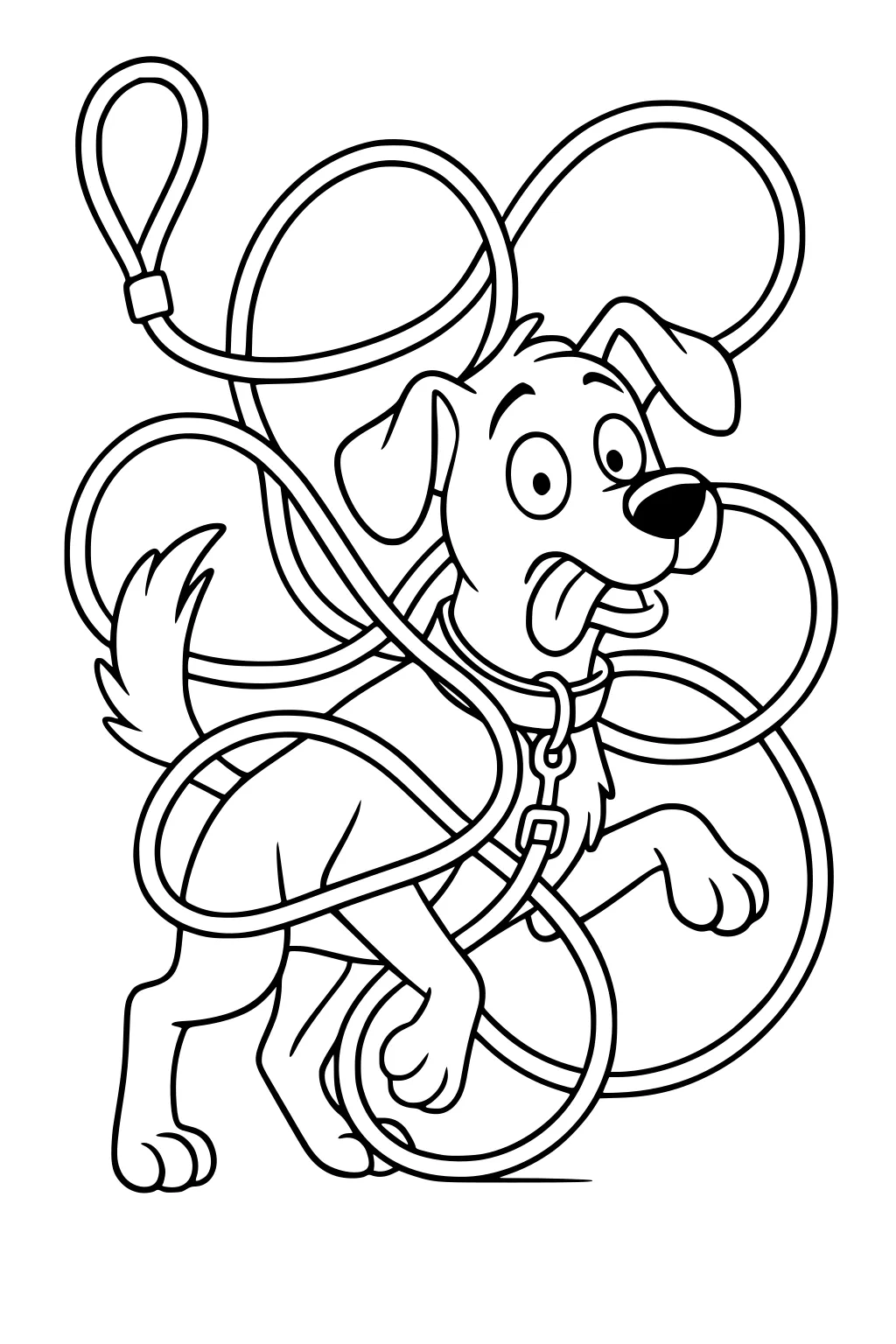 Cartoon dog with tangled leash wrapped around body, tongue out, surprised expression, three paws on ground.