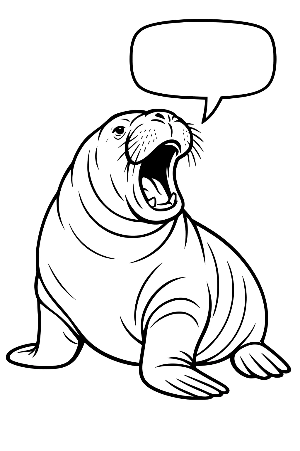 Walrus sitting with mouth wide open and a speech bubble overhead, front flippers on the ground, cartoon style drawing.