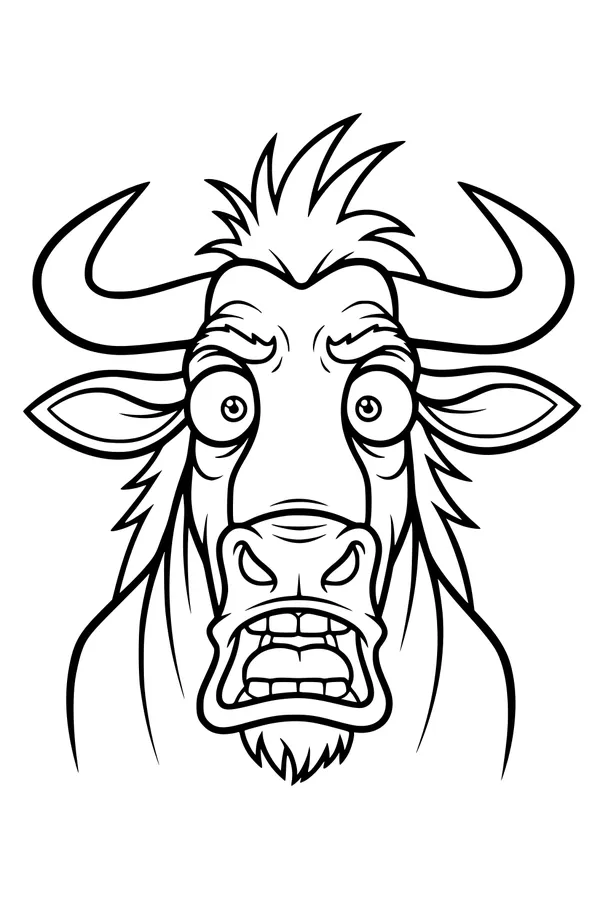 Free Wildebeest Coloring Page - Cartoon Wide-Eyed Safari Face (Printable PDF)