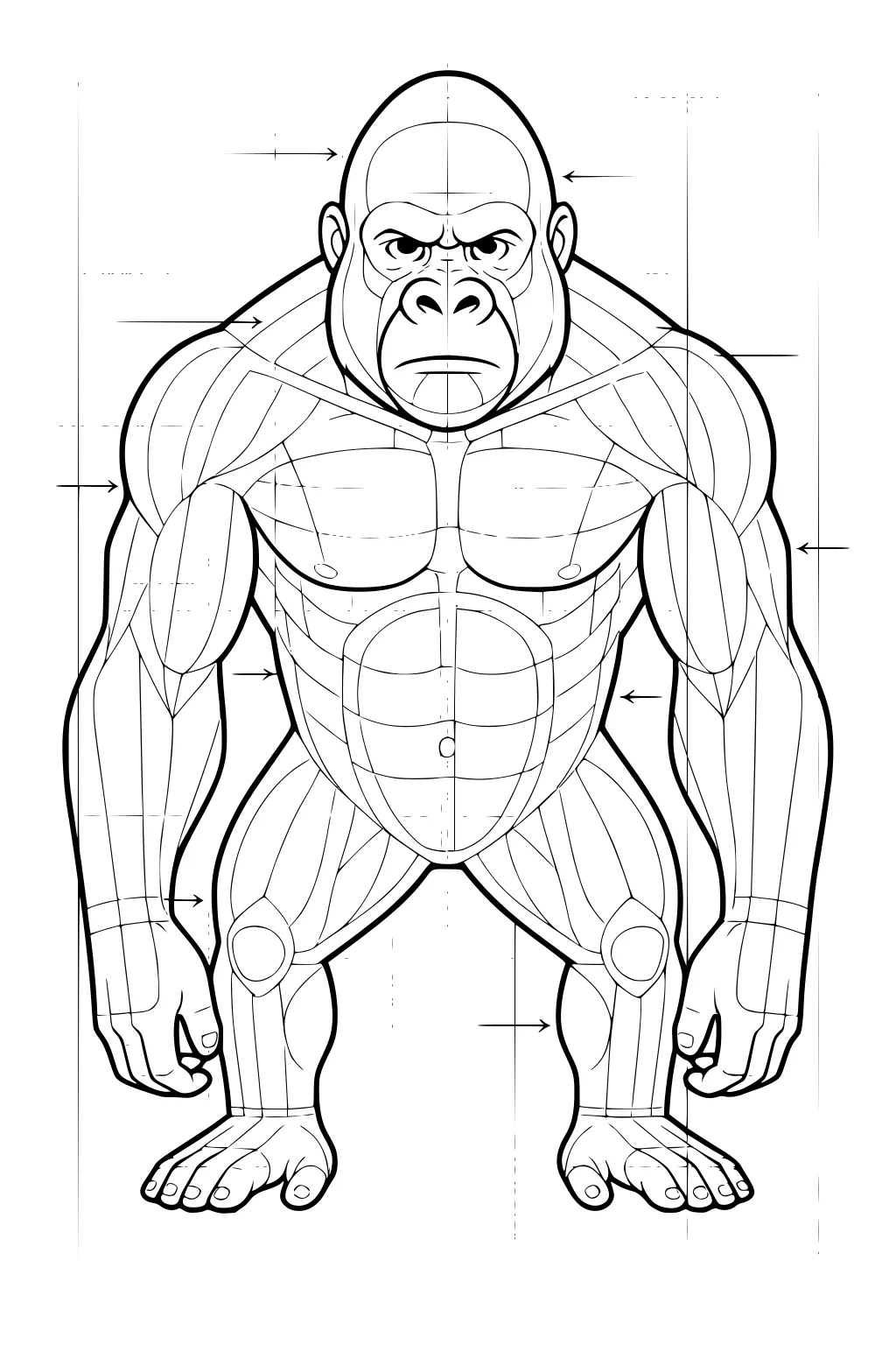 Front view of a muscular gorilla with visible muscle lines, grid background, and arrows pointing to body parts.