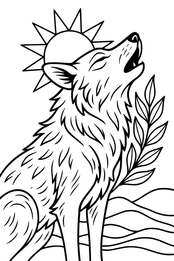 Free Coyote Coloring Page - Howling at Sunrise in Nature (Printable PDF)