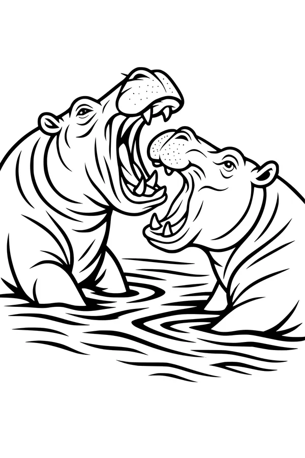 Free Hippopotamus Coloring Page - Two Hippos Big Mouth Contest (Printable PDF)