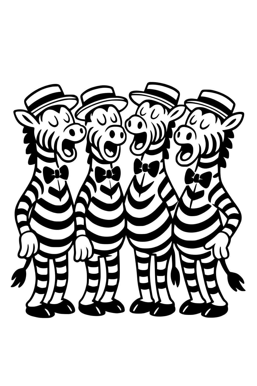 Four cartoon zebras sing together in bow ties and straw hats, eyes closed and mouths wide, standing close in a barbershop quartet pose.