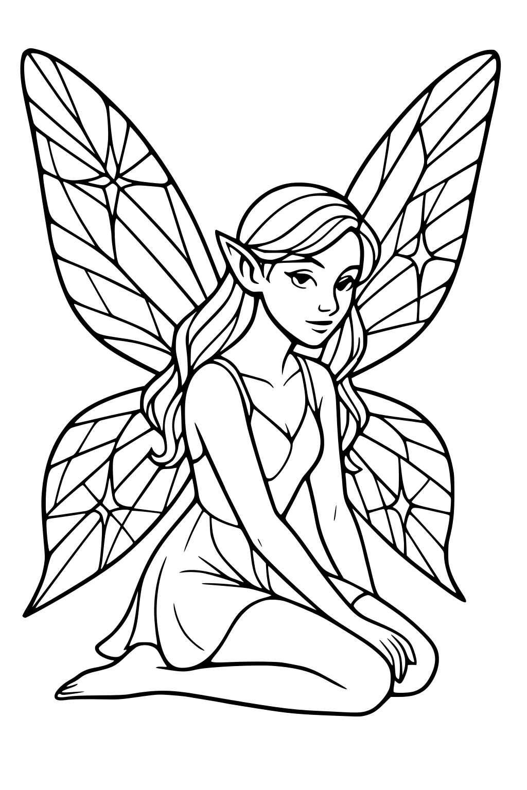 Fairy girl sitting with folded legs, long hair, pointed ears, large patterned wings, simple dress, black-and-white line art.