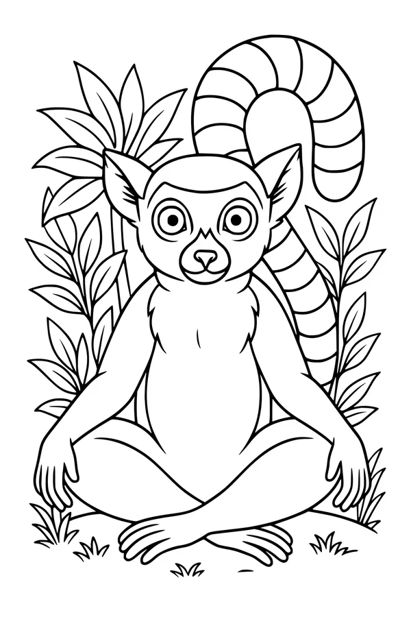Free Lemur Coloring Page - Ringtail in Jungle Leaves (Printable PDF)
