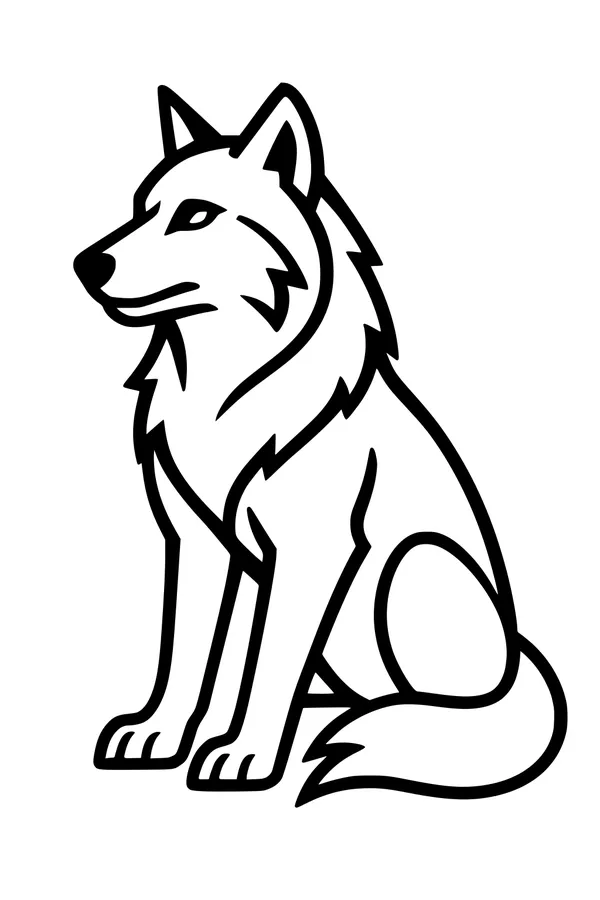 Free Wolf Coloring Page - Watchful Sitting Wolf With Fluffy Mane (Printable PDF)