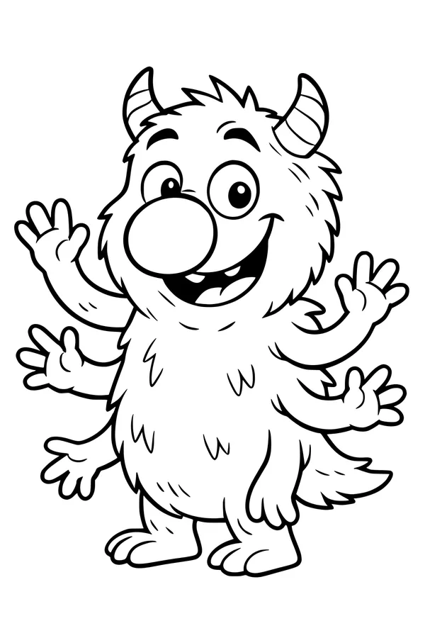 Free Monster Coloring Page - Friendly Furry Six-Armed Creature (Printable PDF)