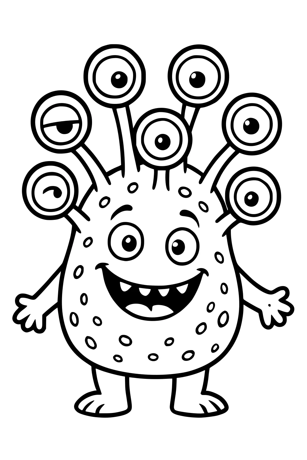Smiling six-eyed cartoon monster with spotted round body, wavy eye stalks, small arms and feet, in bold outlines for Halloween.