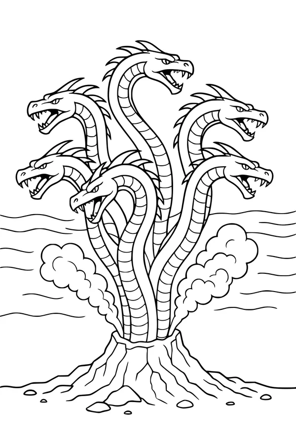 Free Hydra Chimera Coloring Page - Six-Head Sea Monster by Smoking Shore (Printable PDF)