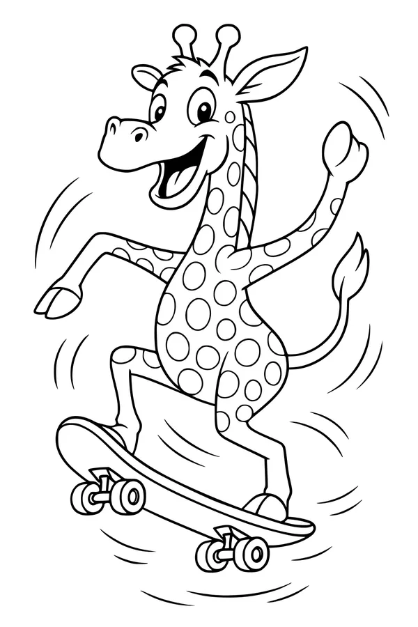 Free Giraffe Coloring Page - Cartoon Giraffe on Skateboard (Printable PDF)