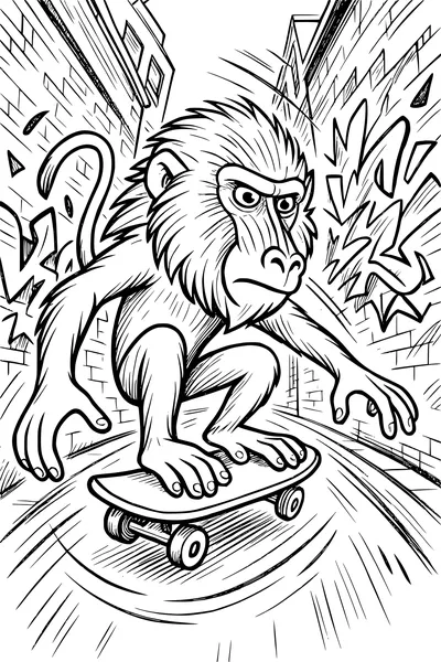 Free Baboon Coloring Page - Skating Through Graffiti Alley (Printable PDF)