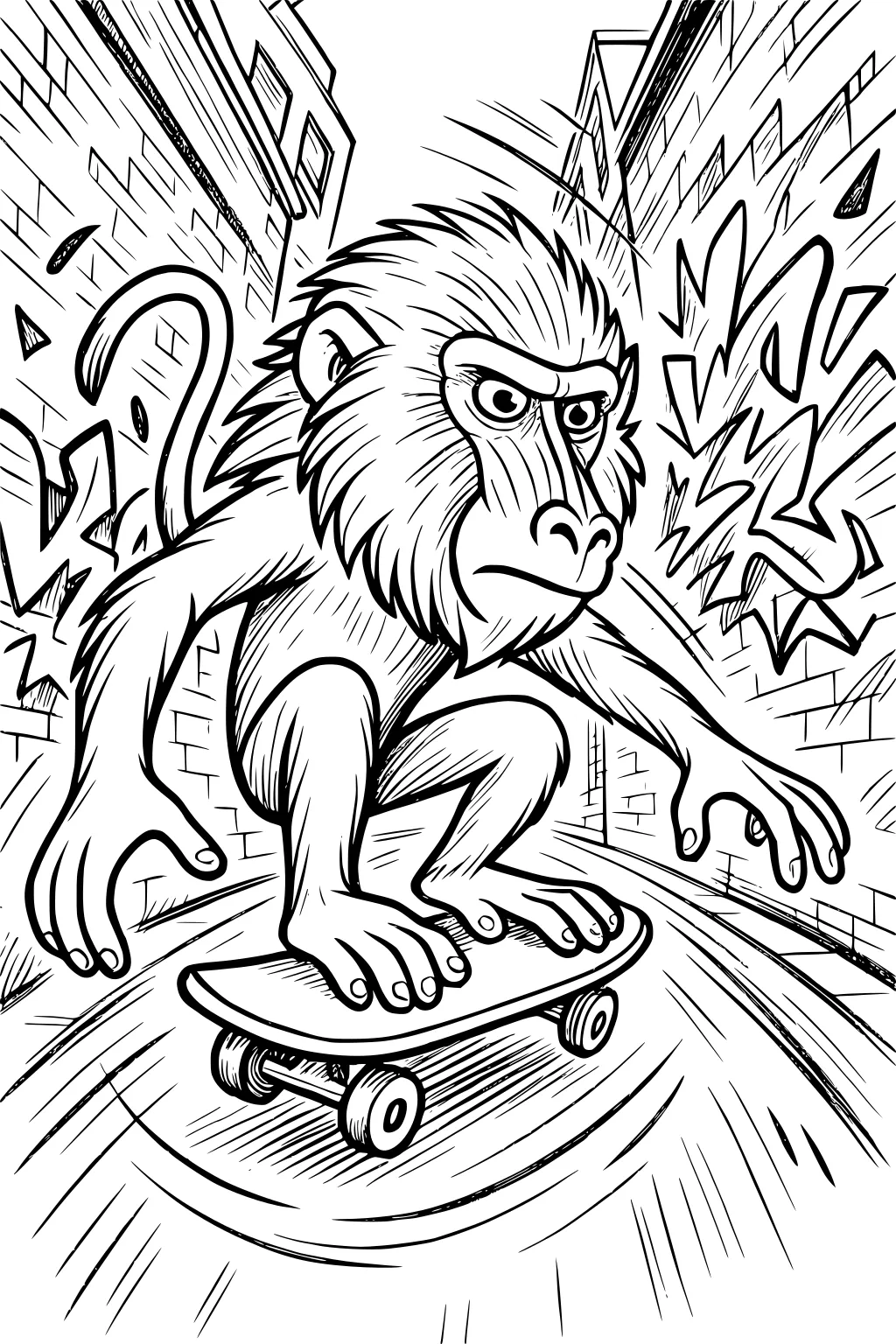 Baboon riding a skateboard down a graffiti-covered alley, crouching low with fur flying back and tail raised.