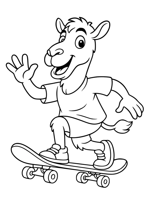 Free Camel Coloring Page - Cartoon Skater Camel Waving (Printable PDF)