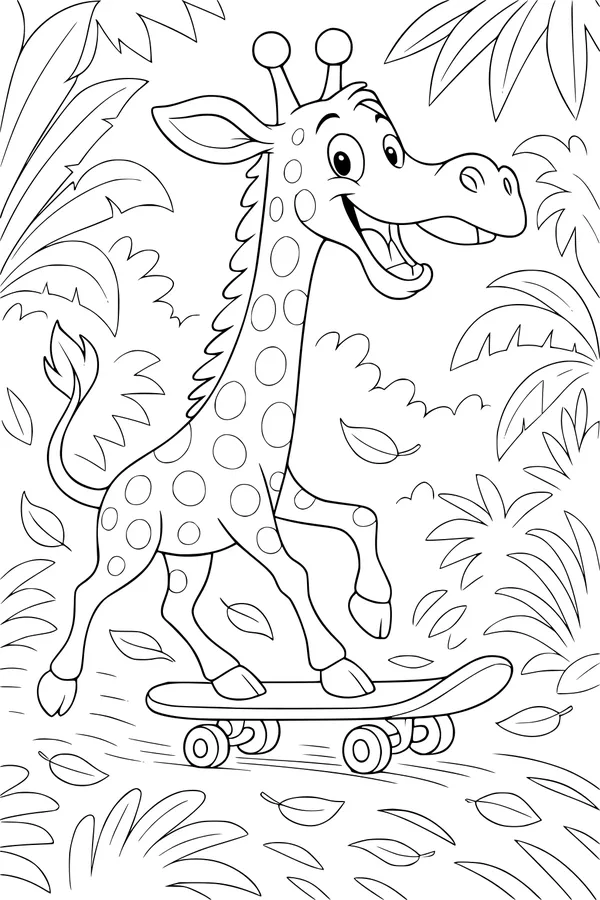 Free Giraffe Coloring Page - Smiling Skateboard Safari in the Jungle (Printable PDF)