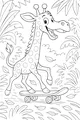 Free Giraffe Coloring Page - Smiling Skateboard Safari in the Jungle (Printable PDF)