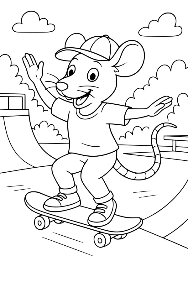 Free Rat Coloring Page - Cool Skater Rat at the Park (Printable PDF)