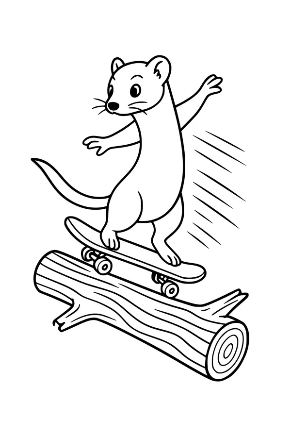 Free Weasel Coloring Page - Skateboarding Down a Woodland Log (Printable PDF)