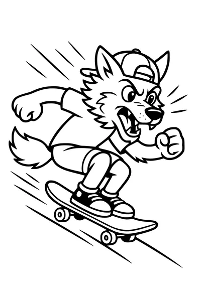 Free Wolf Coloring Page - Cartoon Skater Wolf Riding Downhill (Printable PDF)