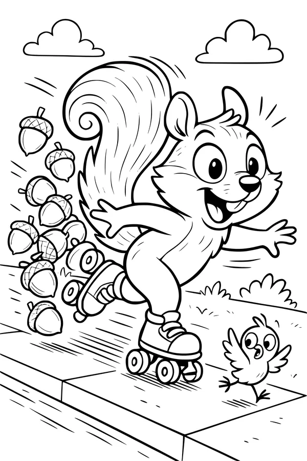 Free Squirrel Coloring Page - Roller Skating Race Adventure (Printable PDF)