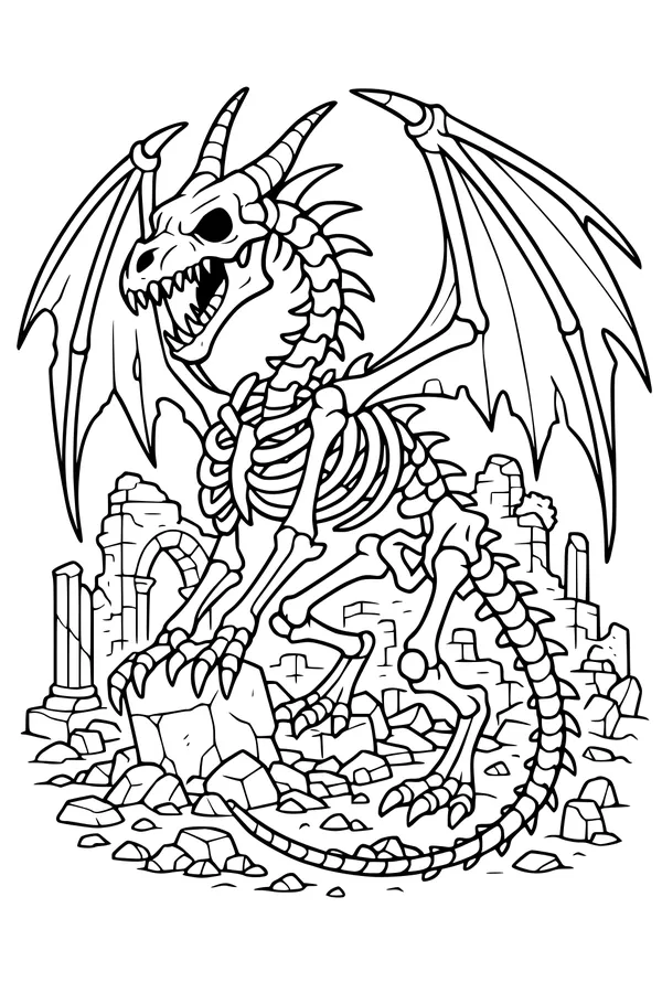 Free Bone Dragon Coloring Page - Skeletal Beast in Ancient Ruins (Printable PDF)