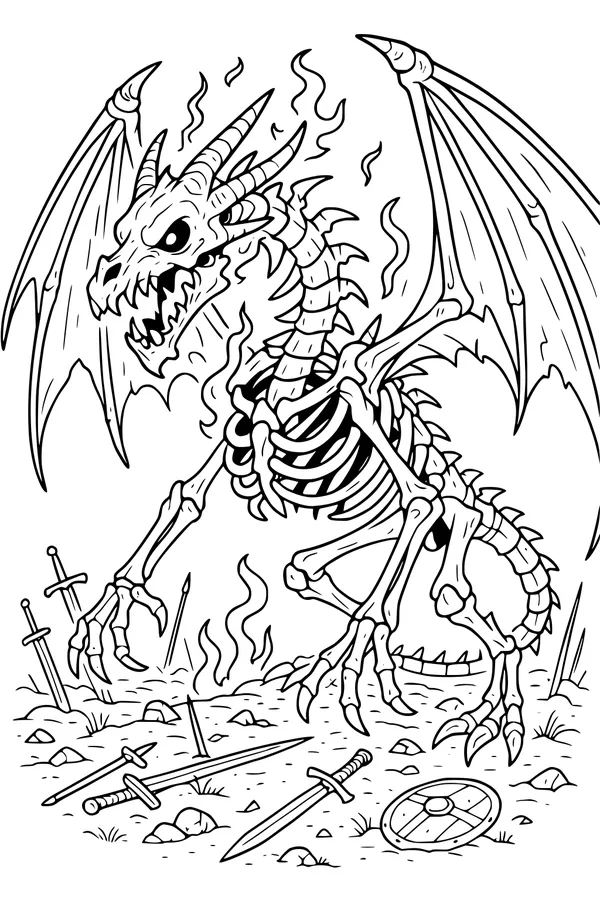Free Dragon Coloring Page - Skeletal Bone Dragon in Ember Field (Printable PDF)