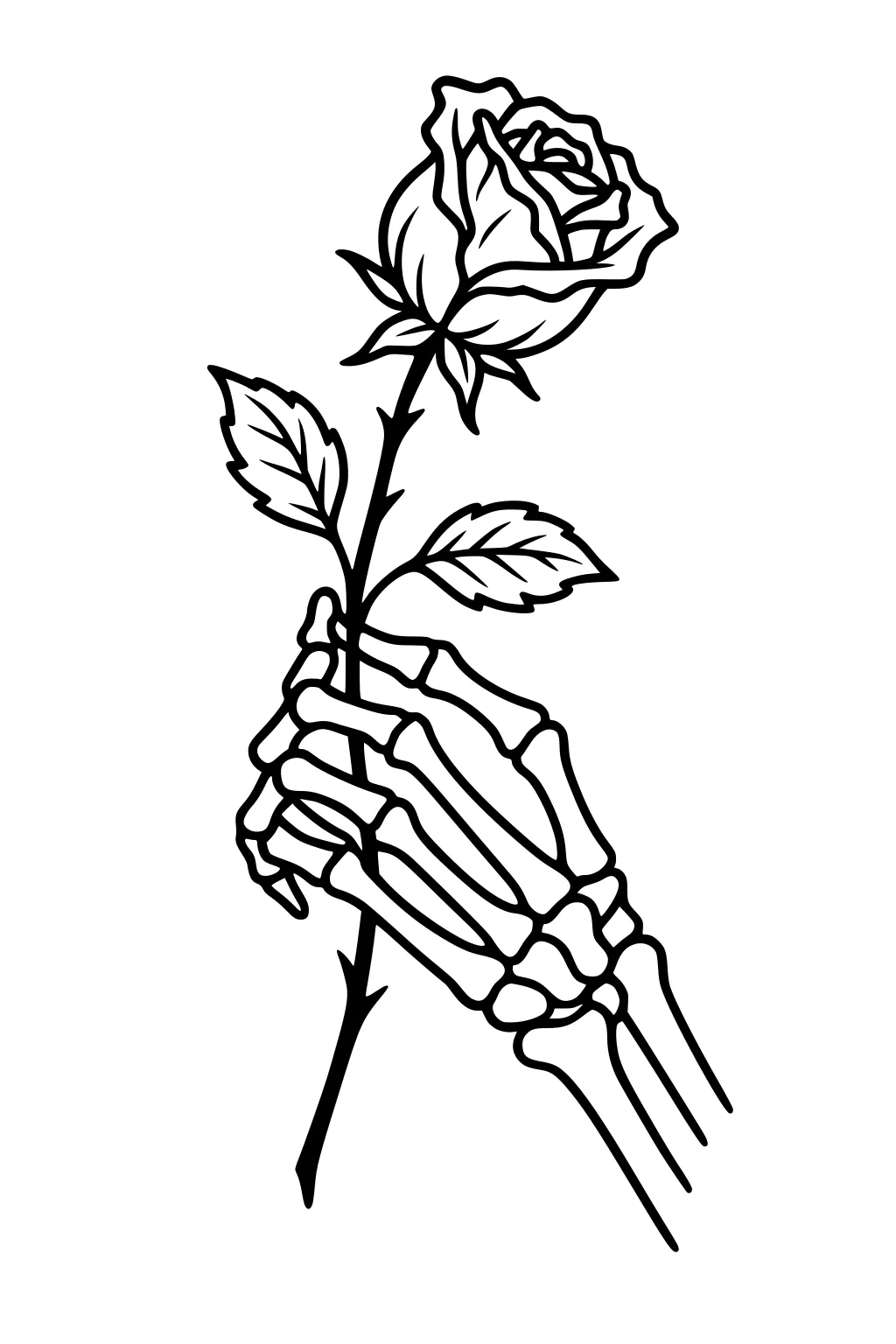 Skeleton hand holds a rose with two leaves and thorns, bold black outline in simple Halloween line art.