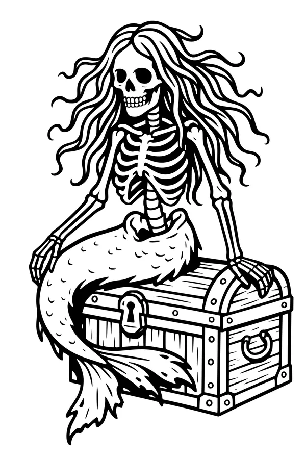 Free Skeleton Mermaid Coloring Page - Spooky Locked Treasure Chest (Printable PDF)