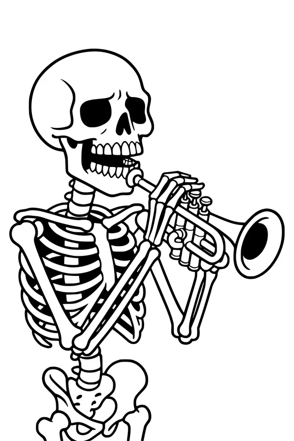 Free Skeleton Coloring Page - Spooky Trumpet Musician (Printable PDF)