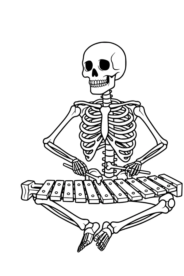 Free Skeleton Coloring Page - Spooky Musician Playing Xylophone (Printable PDF)