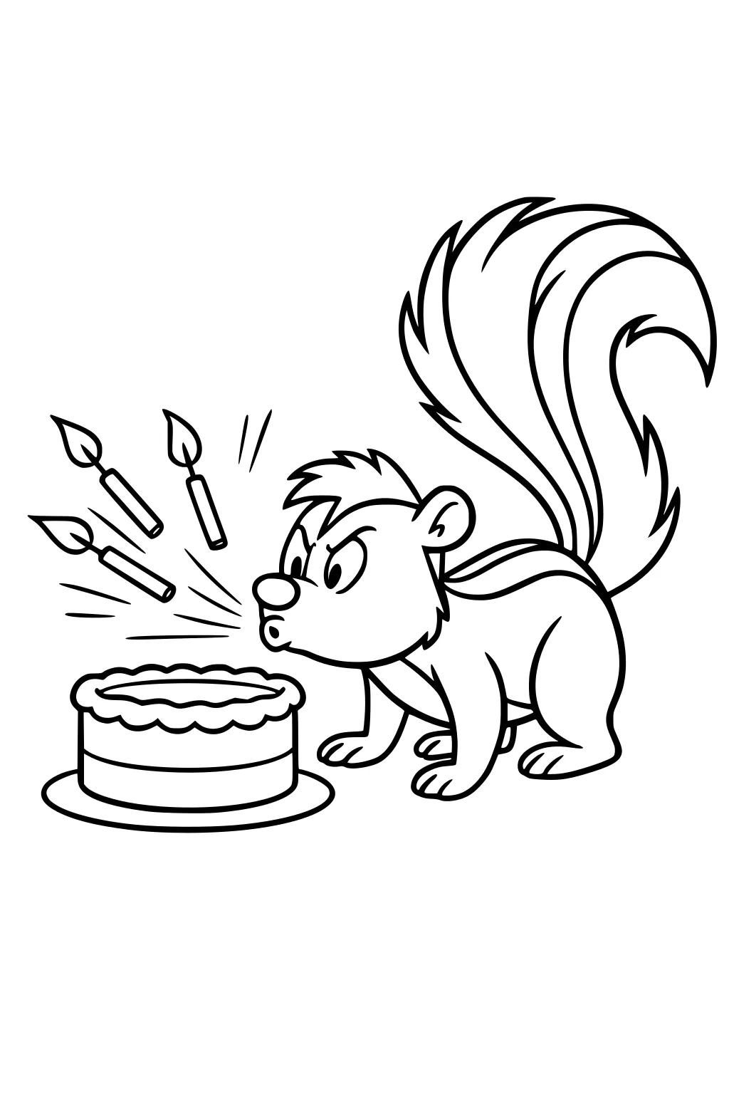 Funny skunk blowing three candles off a birthday cake, tail up, with icing showing and candles flying in the air.