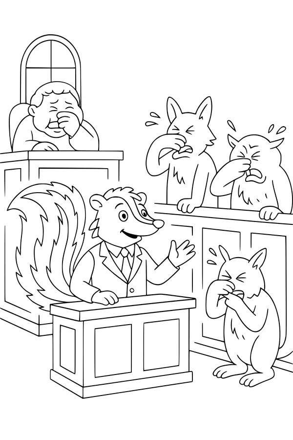 Free Skunk Coloring Page - Funny Courtroom Testimony Scene (Printable PDF)