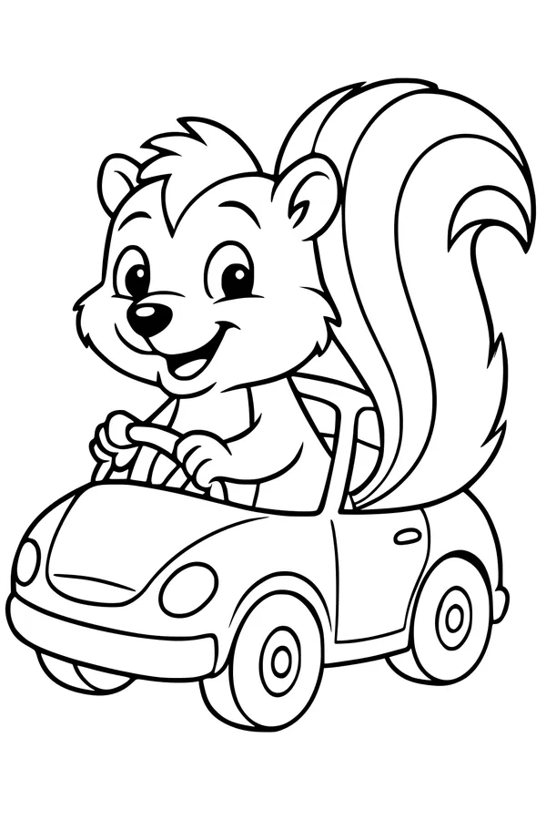 Free Skunk Coloring Page - Cartoon Skunk Driving a Car (Printable PDF)