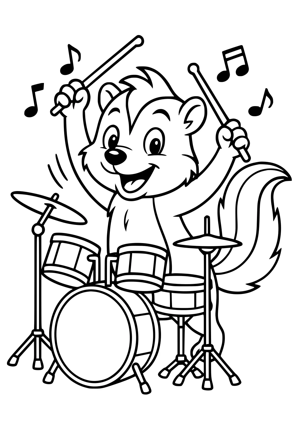 Cartoon skunk playing drums with music notes and drumsticks held high, big tail behind her.