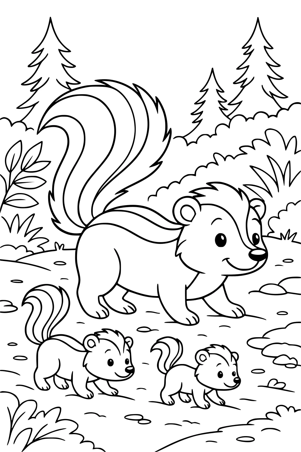 Mother skunk and two baby skunks walking on a forest path with trees and bushes.