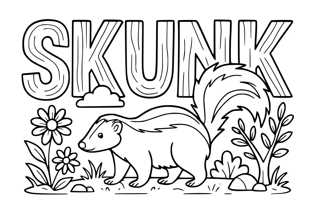 Cartoon skunk with striped tail walking in grass, surrounded by flowers and plants with the word SKUNK overhead.