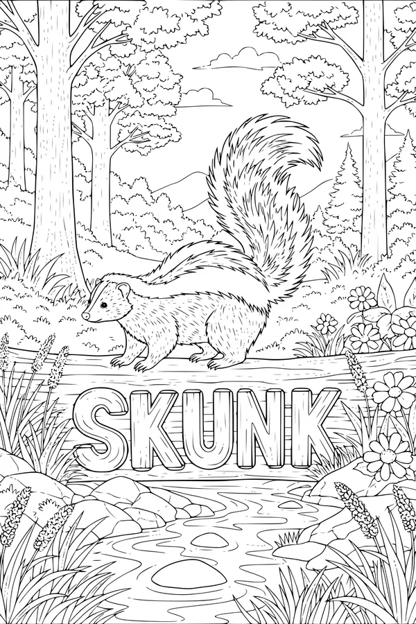 Free Skunk Coloring Page - Stripey Skunk by a Forest Stream (Printable PDF)