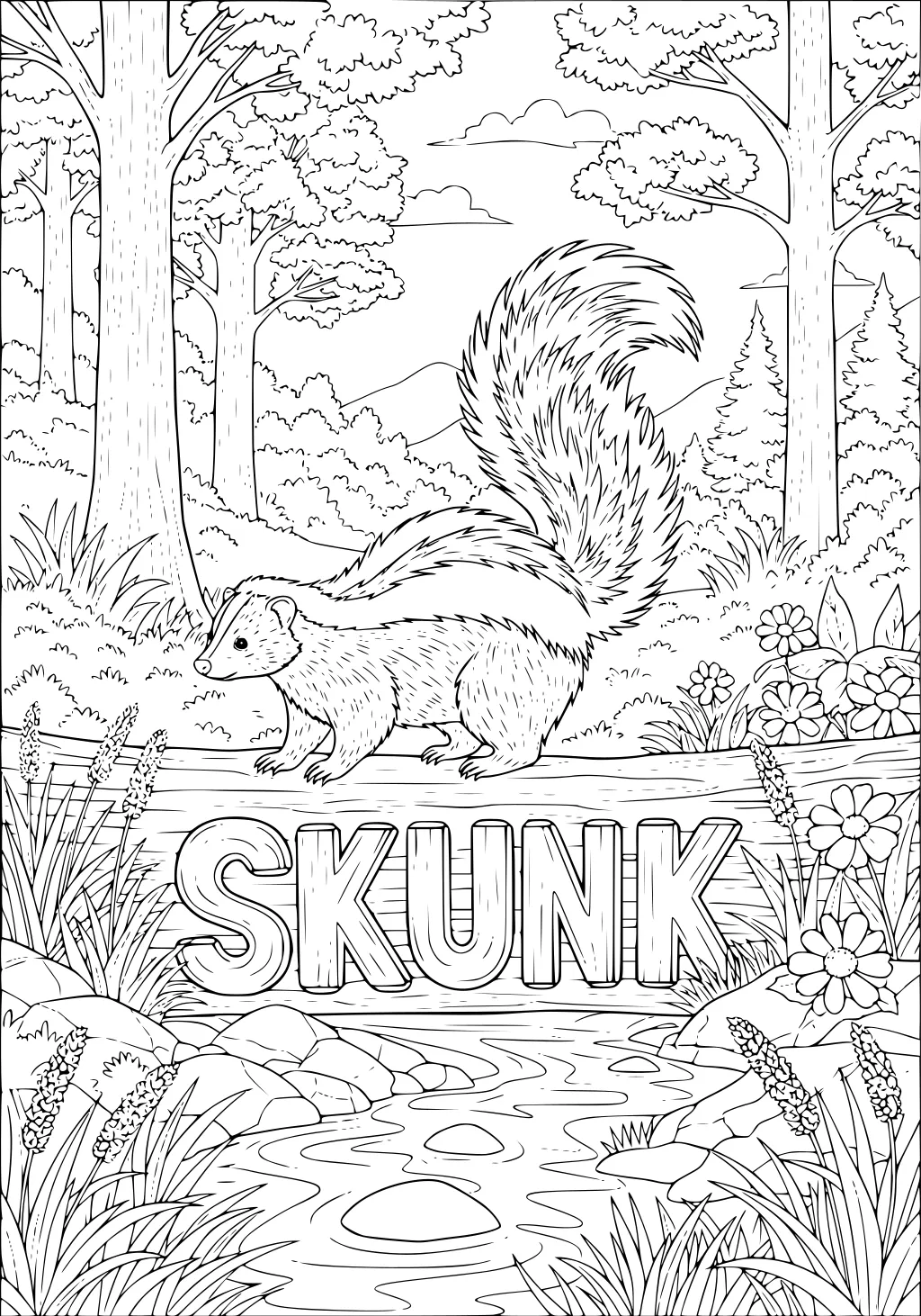 Skunk walking on a log marked SKUNK with trees, flowers, rocks, and a stream in a forest background.
