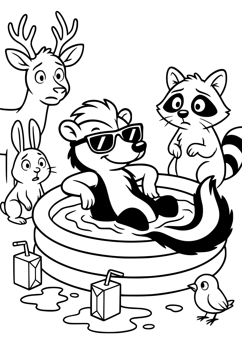 Skunk in sunglasses lounging in a pool, with deer, rabbit, raccoon, bird, and spilled juice boxes around.