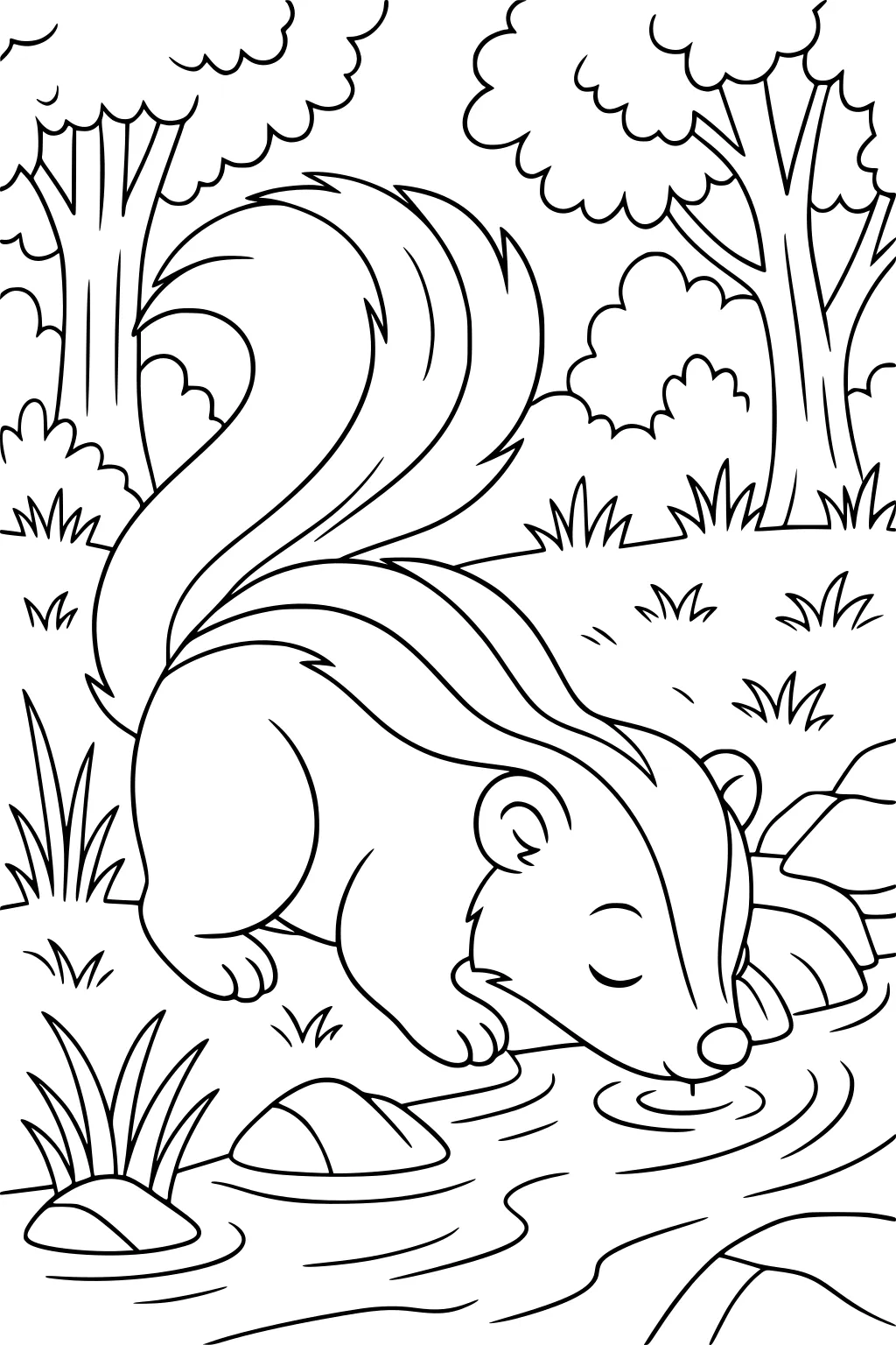 Skunk with fluffy tail drinks from a stream beside grass, rocks, and tall trees in a quiet forest scene.