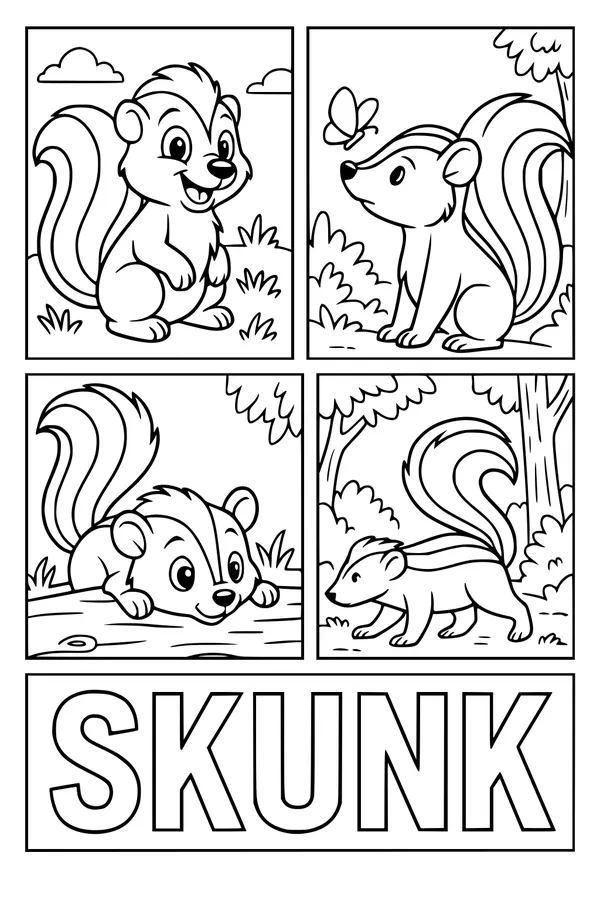 Free Skunk Coloring Page - Cute Cartoon Skunk Outdoor Scenes (Printable PDF)