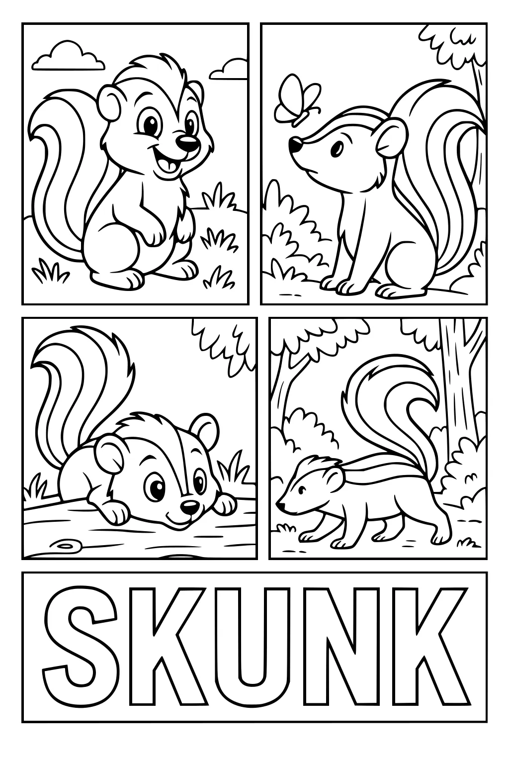 Four cartoon skunk drawings in outdoor scenes with grass, trees, butterfly, and large SKUNK letters at the bottom.